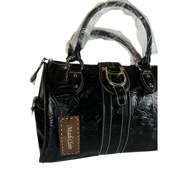 Madi Claire Black Tooled Leather Handbag Purse - Picture 4 of 11